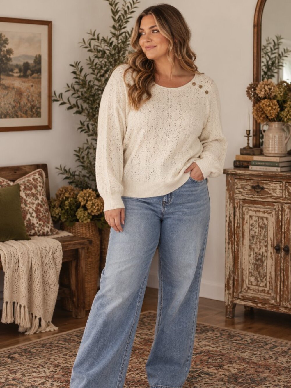 Lucky Brand Cotton Pointelle Knit Sweater